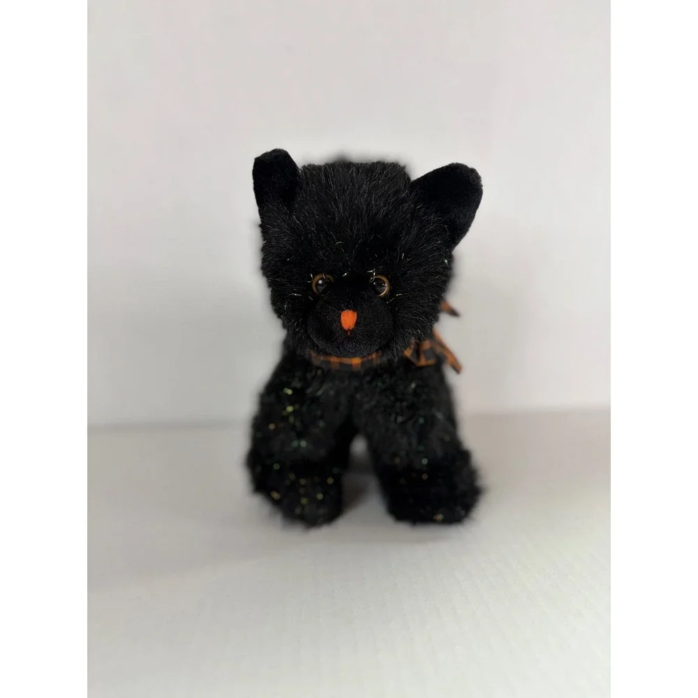 Russ Berrie Burnside Black Cat Plush Halloween Tinsel Bow Stuffed Animal 7